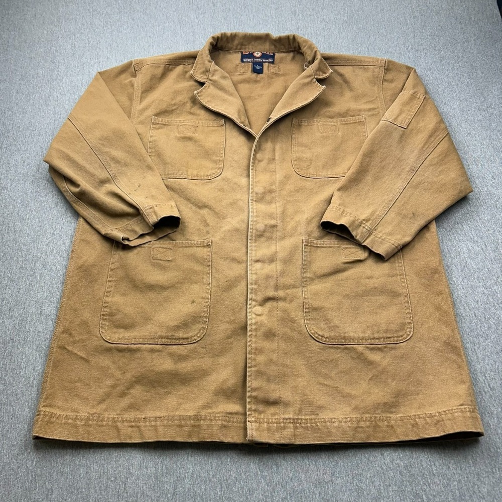 Duluth Trading Co Canvas Snap Button Jacket Mens Large Brown Chore Coat *STAINS*